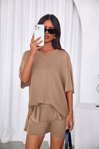 PRETTYGARDEN 2 Piece Sets for Women Summer Lounge Short Set Spring Matching Biker Shorts V Neck Oversized Shirt Clothing PRETTYGARDEN
