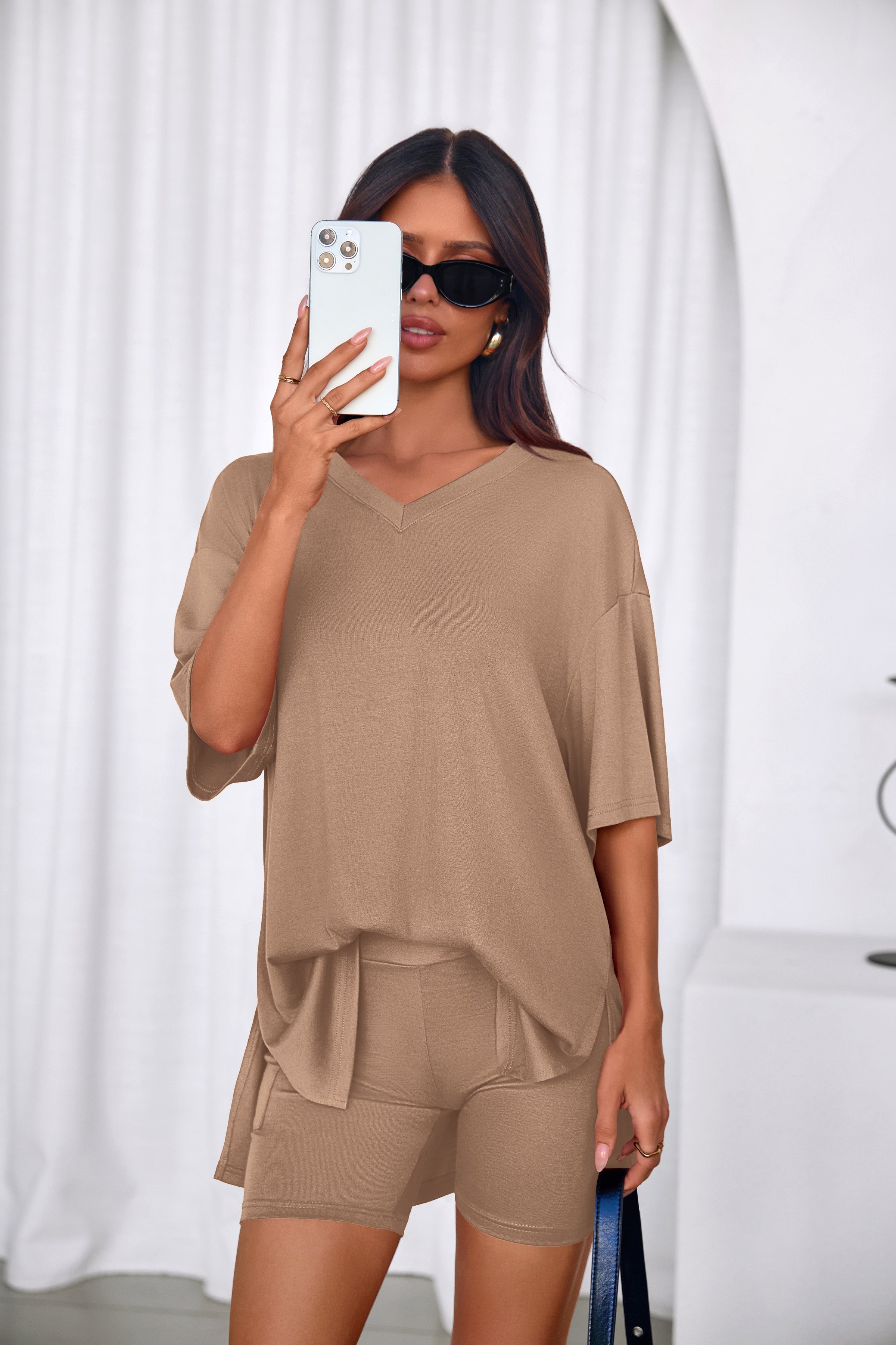 PRETTYGARDEN 2 Piece Sets for Women Summer Lounge Short Set Spring Matching Biker Shorts V Neck Oversized Shirt Clothing PRETTYGARDEN