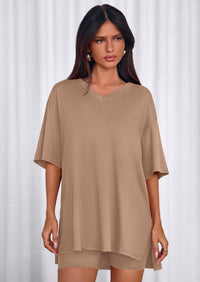 PRETTYGARDEN 2 Piece Sets for Women Summer Lounge Short Set Spring Matching Biker Shorts V Neck Oversized Shirt Clothing PRETTYGARDEN