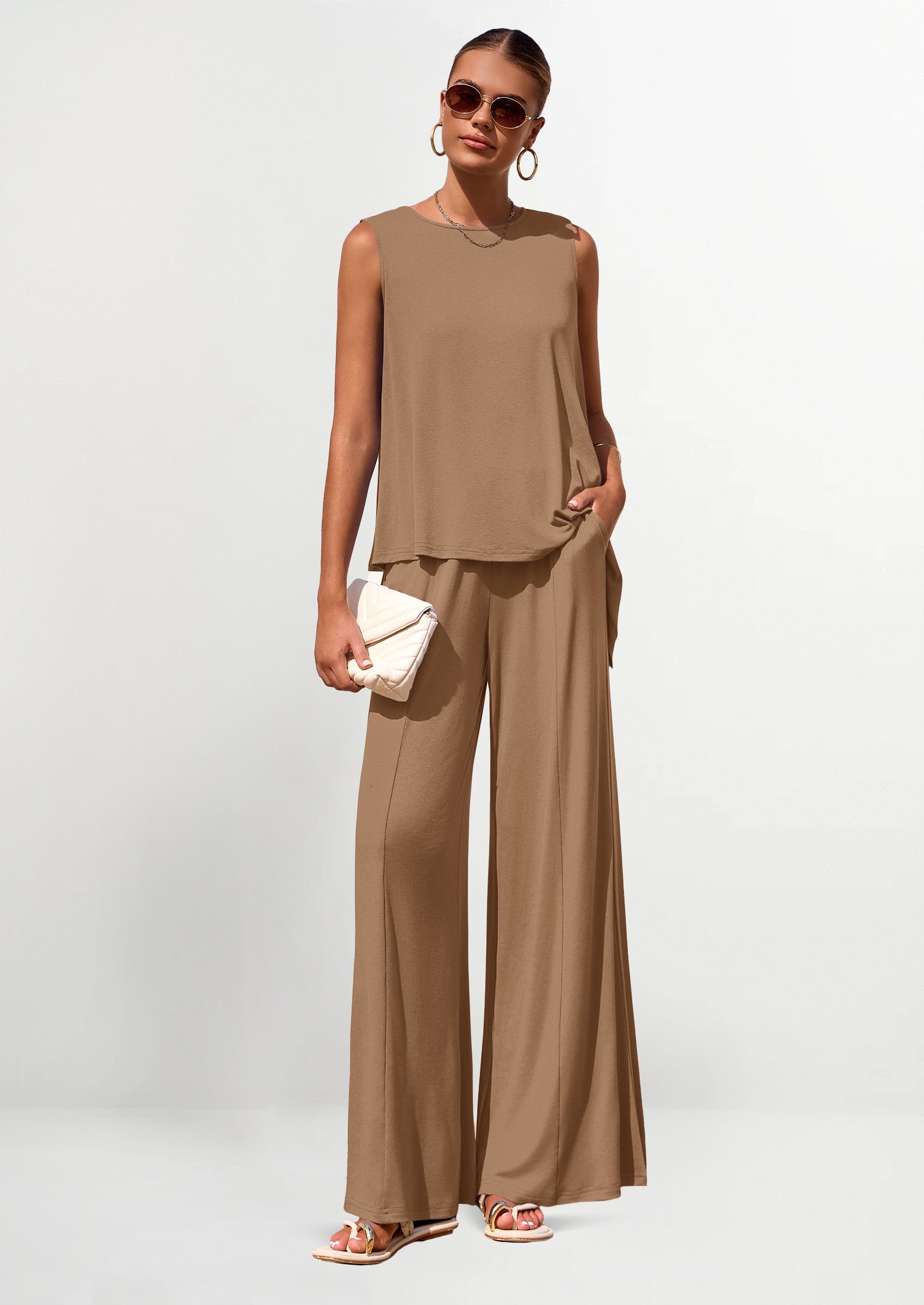 PRETTYGARDEN Women's Two Piece Matching Lounge Sets Asymmetrical Split Tank Tops Wide Leg Pants Summer Outfits Tracksuit