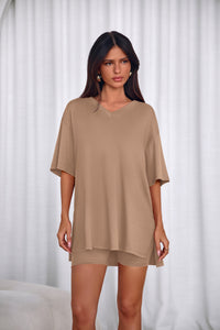 PRETTYGARDEN 2 Piece Sets for Women Summer Lounge Short Set Spring Matching Biker Shorts V Neck Oversized Shirt Clothing PRETTYGARDEN