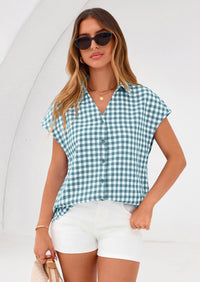 PRETTYGARDEN Womens Button Dwon Shirts V Neck Short Cap Sleeve Collared Plaid Tops Summer Spring Casual Blouses Clothes PRETTYGARDEN