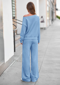 PRETTYGARDEN Womens 2 Piece Casual Matching Lounge Sets  Fashion Off the Shoulder Sweatshirt, Wide Leg Pants with Pockets, Comfy Airport Travel Outfit, 2026 Trendy Fall Set