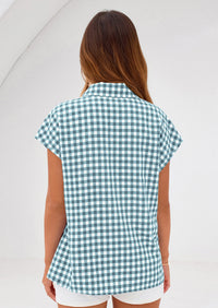 PRETTYGARDEN Womens Button Dwon Shirts V Neck Short Cap Sleeve Collared Plaid Tops Summer Spring Casual Blouses Clothes PRETTYGARDEN