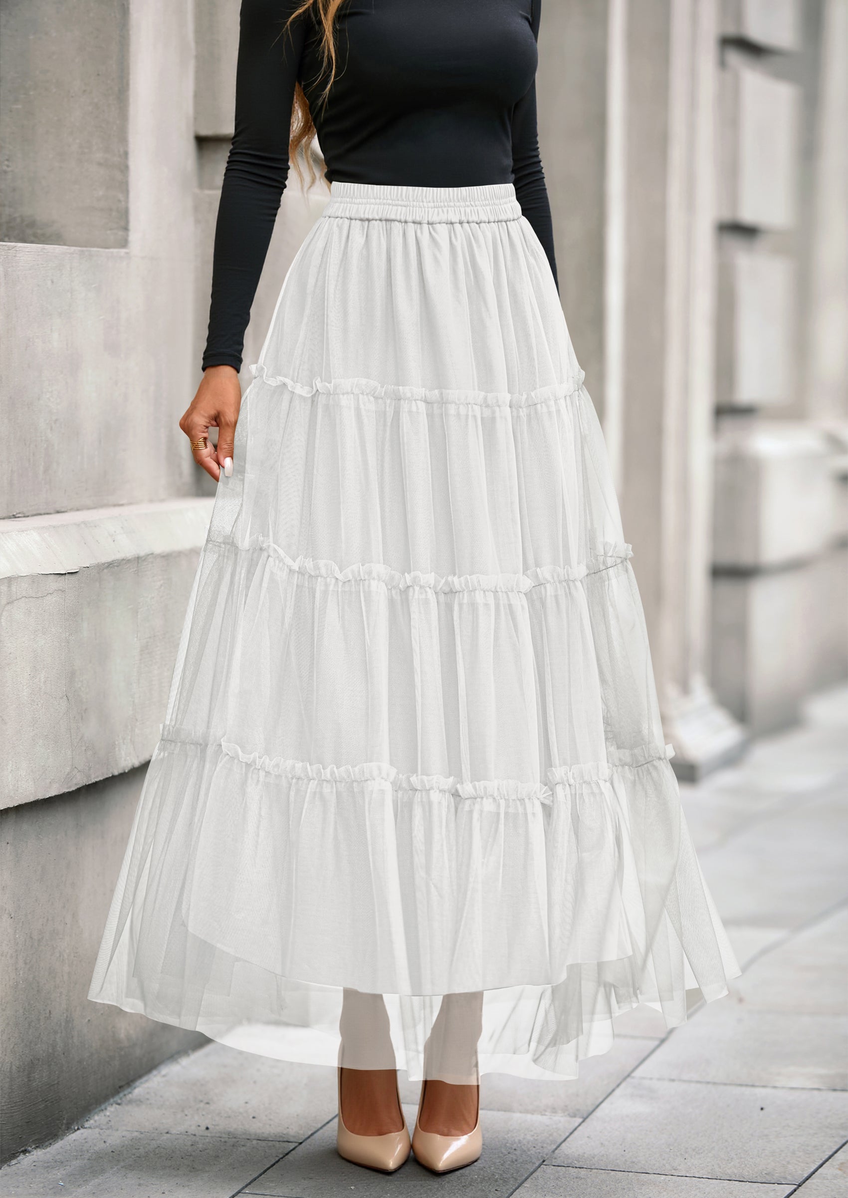 PRETTYGARDEN Maxi Skirts for Women Fall Tulle High Waisted Ruffle Flowy A-Line Long Skirt Country Concert Outfits