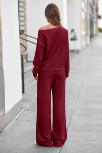 PRETTYGARDEN Womens 2 Piece Casual Matching Lounge Sets  Fashion Off the Shoulder Sweatshirt, Wide Leg Pants with Pockets, Comfy Airport Travel Outfit, 2026 Trendy Fall Set