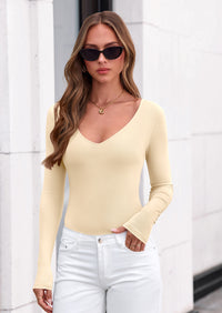 PRETTYGARDEN Bodysuits for Women Fall Long Sleeve Shirts V Neck Slim Fitted Basic Tees Going Out Tops Fashion Clothing