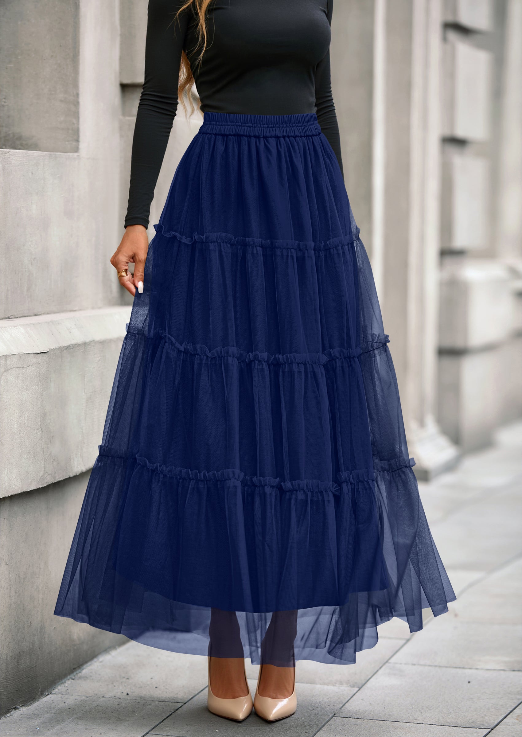 PRETTYGARDEN Maxi Skirts for Women Fall Tulle High Waisted Ruffle Flowy A-Line Long Skirt Country Concert Outfits