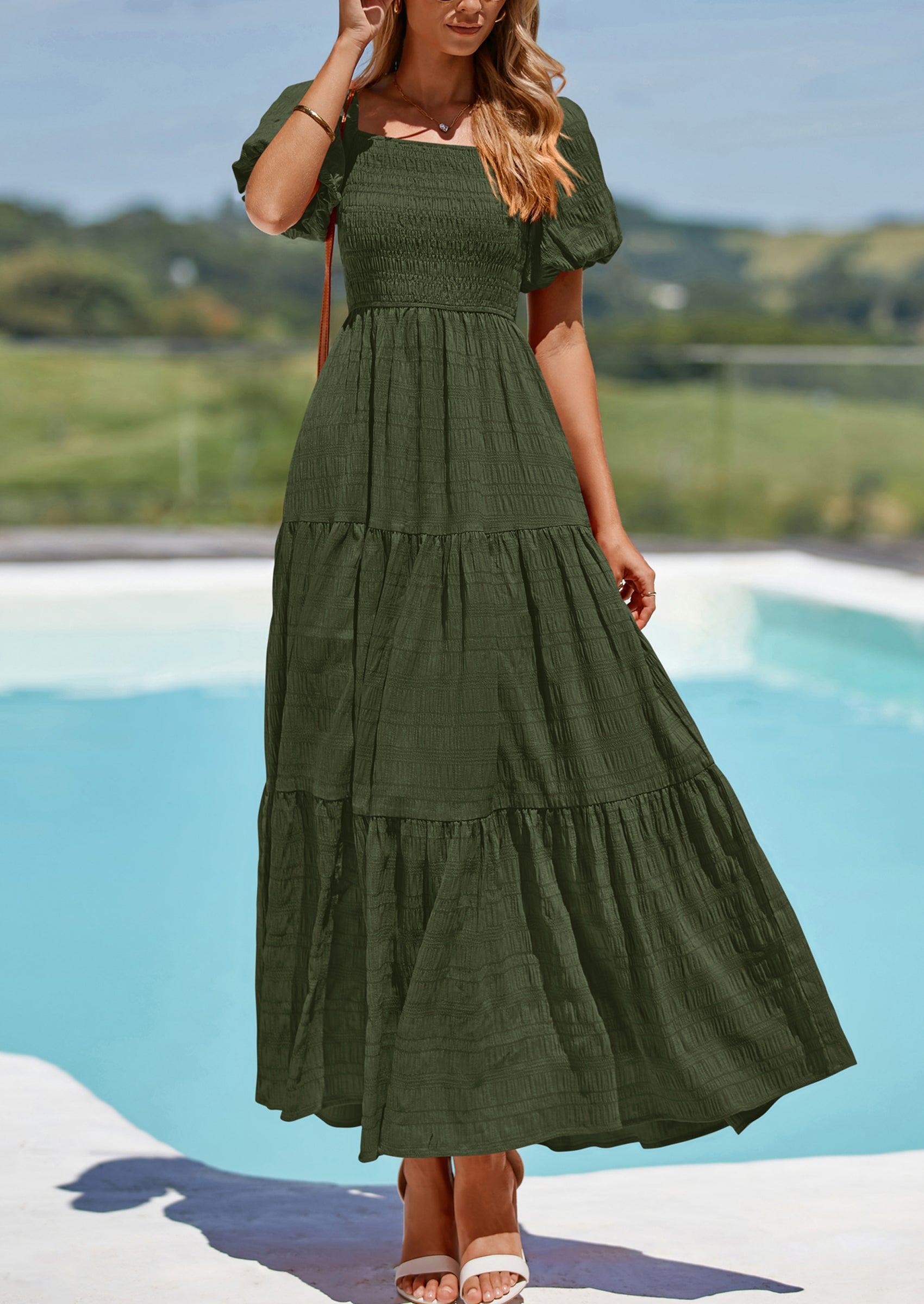 green womens summer dress PRETTYGARDEN Womens Summer Puff Short Sleeve Maxi Dress Square Neck Smocked Tiered Ruffle A Line Long Flowy Beach Dresses (Army Green,Small) at Amazon Women's Clothing store