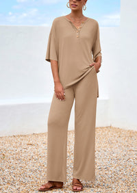 PRETTYGARDEN Women's 2 Piece Outfits Summer Casual V Neck Short Sleeve Tops Wide Leg Pants Matching Lounge Sets