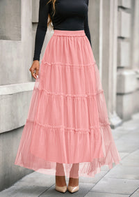 PRETTYGARDEN Maxi Skirts for Women Fall Tulle High Waisted Ruffle Flowy A-Line Long Skirt Country Concert Outfits