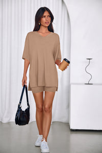 PRETTYGARDEN 2 Piece Sets for Women Summer Lounge Short Set Spring Matching Biker Shorts V Neck Oversized Shirt Clothing PRETTYGARDEN