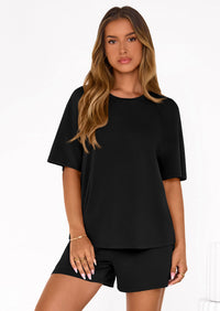 PRETTYGARDEN Women's 2 Piece Lounge Sets Short Sleeve Shirts Casual Tops Shorts Matching Clothing Summer Airport Outfits PRETTYGARDEN