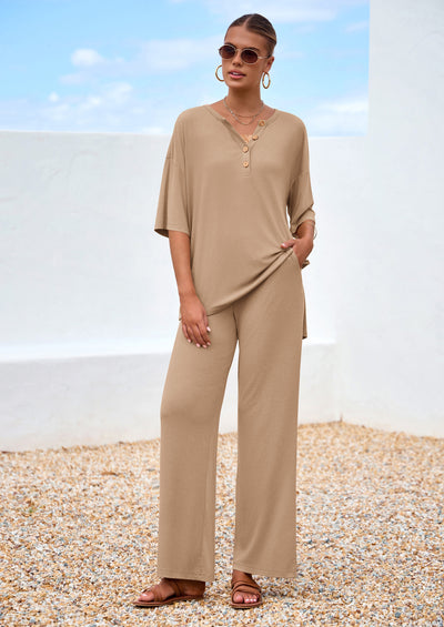 PRETTYGARDEN Women's 2 Piece Outfits Summer Casual V Neck Short Sleeve Tops Wide Leg Pants Matching Lounge Sets