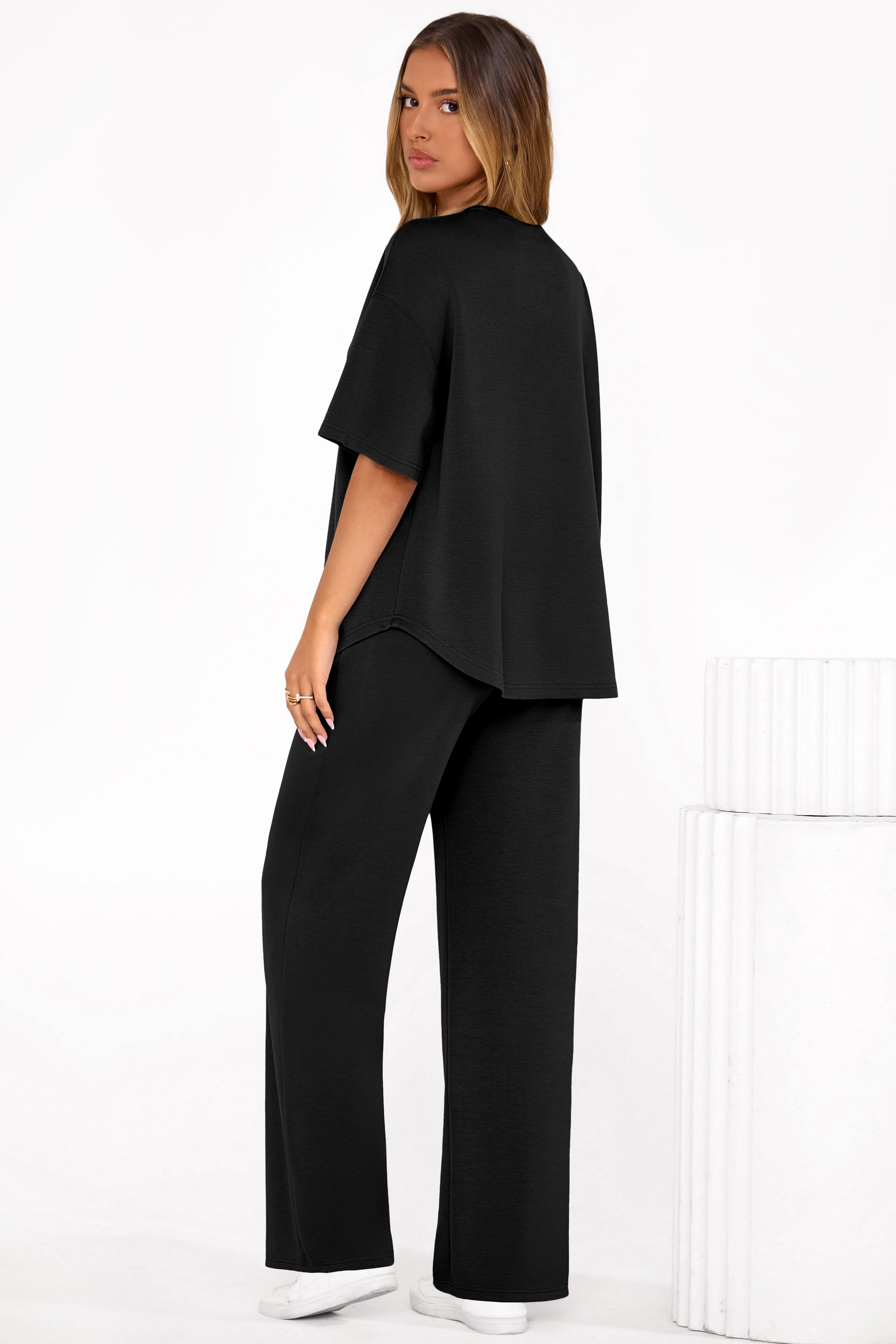 PRETTYGARDEN Women's Summer 2 Piece Lounge Set Short Sleeve Tops Wide Leg Pants Spring Vacation Travel Outfits Clothes PRETTYGARDEN