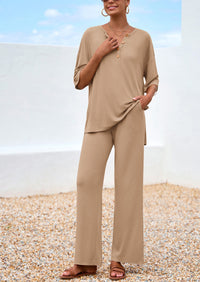 PRETTYGARDEN Women's 2 Piece Outfits Summer Casual V Neck Short Sleeve Tops Wide Leg Pants Matching Lounge Sets