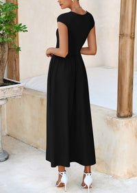 PRETTYGARDEN Women's Casual Long Dresses Cap Sleeve Patchwork A Line Flowy Modest Elegant Homecoming Maxi Dress