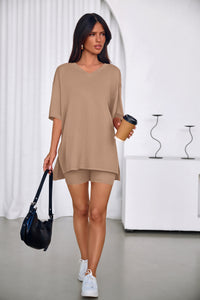 PRETTYGARDEN 2 Piece Sets for Women Summer Lounge Short Set Spring Matching Biker Shorts V Neck Oversized Shirt Clothing PRETTYGARDEN