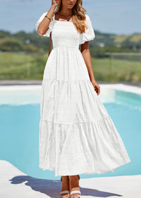 PRETTYGARDEN Womens Summer Puff Short Sleeve Maxi Dress Square Neck Smocked Tiered Ruffle A Line Long Flowy Beach Dresses
