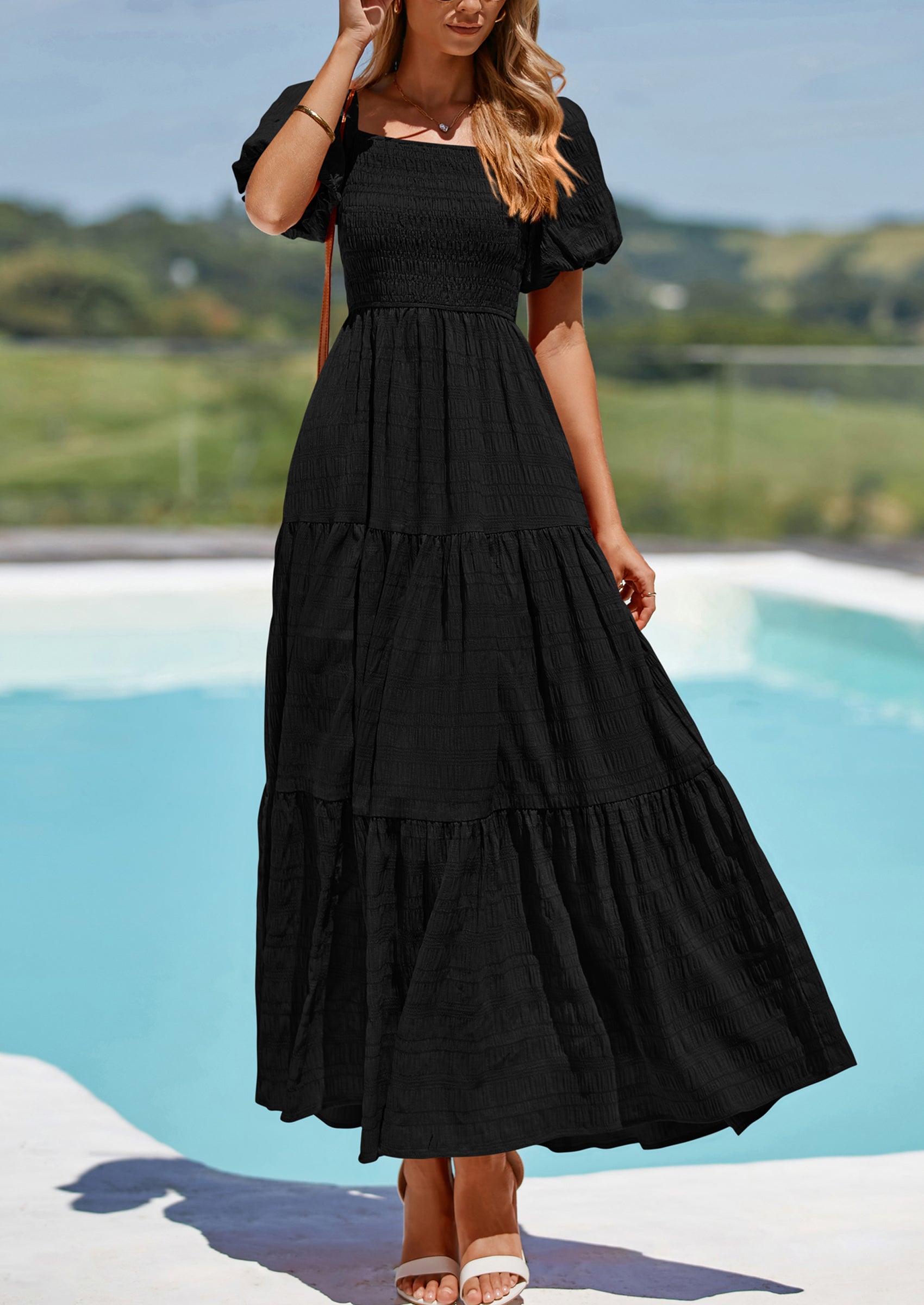 long black dress with short sleeves Formal Puff sleeve formal evening dress is made with high Short Sleeve Knit Dress, Black