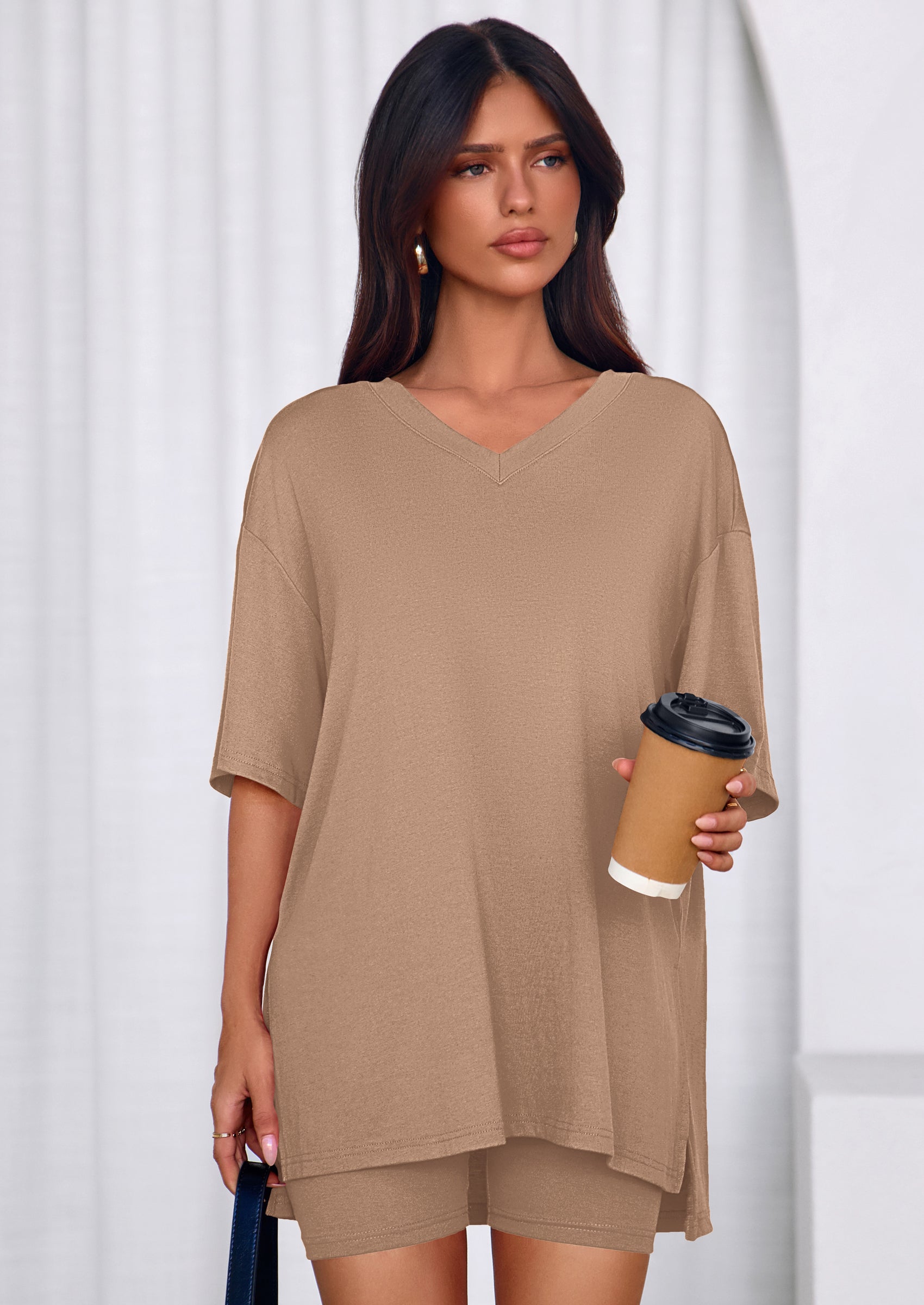 PRETTYGARDEN 2 Piece Sets for Women Summer Lounge Short Set Spring Matching Biker Shorts V Neck Oversized Shirt Clothing PRETTYGARDEN