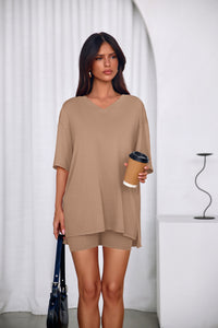 PRETTYGARDEN 2 Piece Sets for Women Summer Lounge Short Set Spring Matching Biker Shorts V Neck Oversized Shirt Clothing PRETTYGARDEN