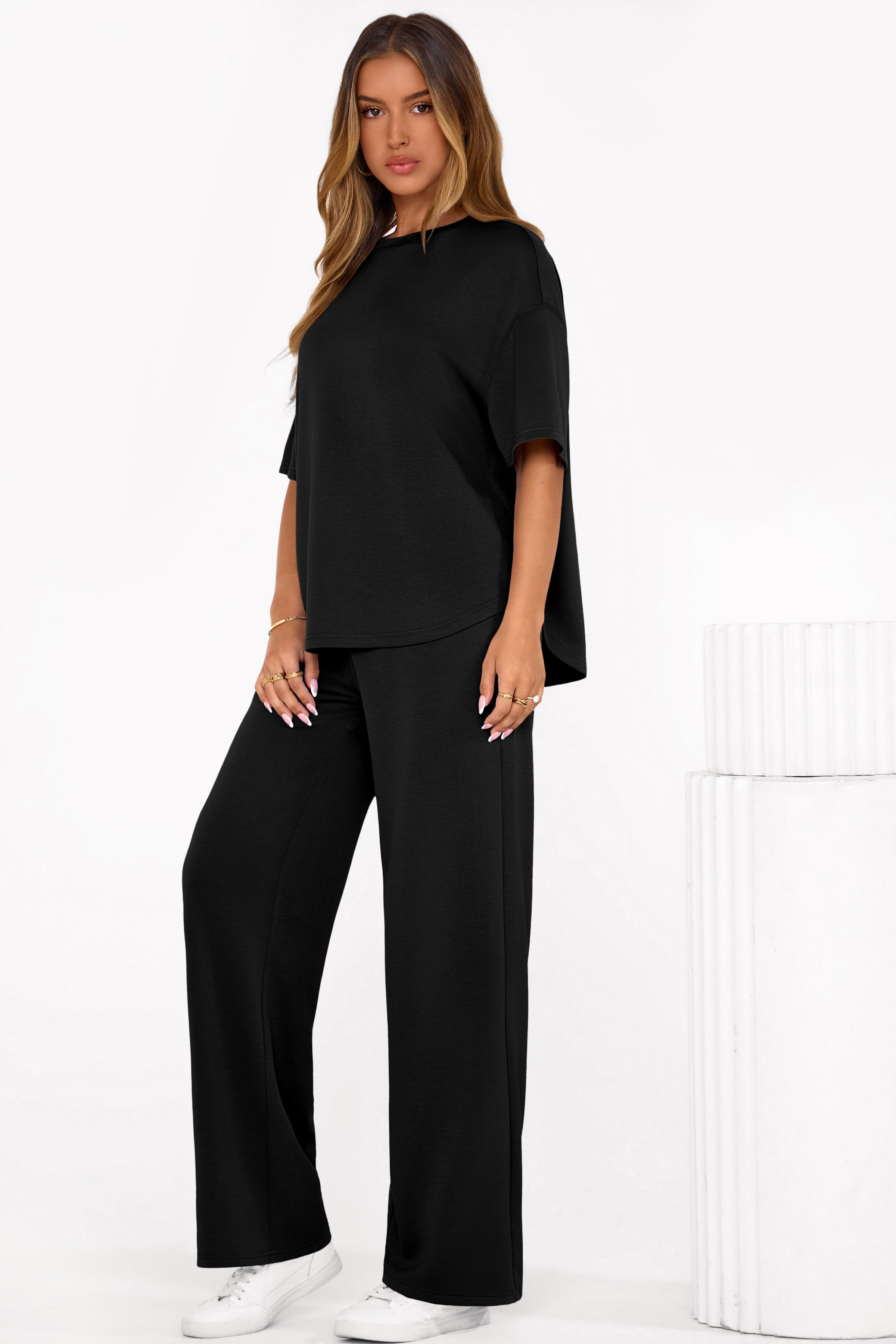 PRETTYGARDEN Women's Summer 2 Piece Lounge Set Short Sleeve Tops Wide Leg Pants Spring Vacation Travel Outfits Clothes PRETTYGARDEN