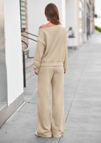 PRETTYGARDEN Womens 2 Piece Casual Matching Lounge Sets  Fashion Off the Shoulder Sweatshirt, Wide Leg Pants with Pockets, Comfy Airport Travel Outfit, 2026 Trendy Fall Set