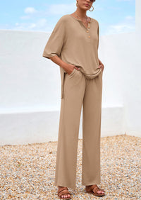 PRETTYGARDEN Women's 2 Piece Outfits Summer Casual V Neck Short Sleeve Tops Wide Leg Pants Matching Lounge Sets