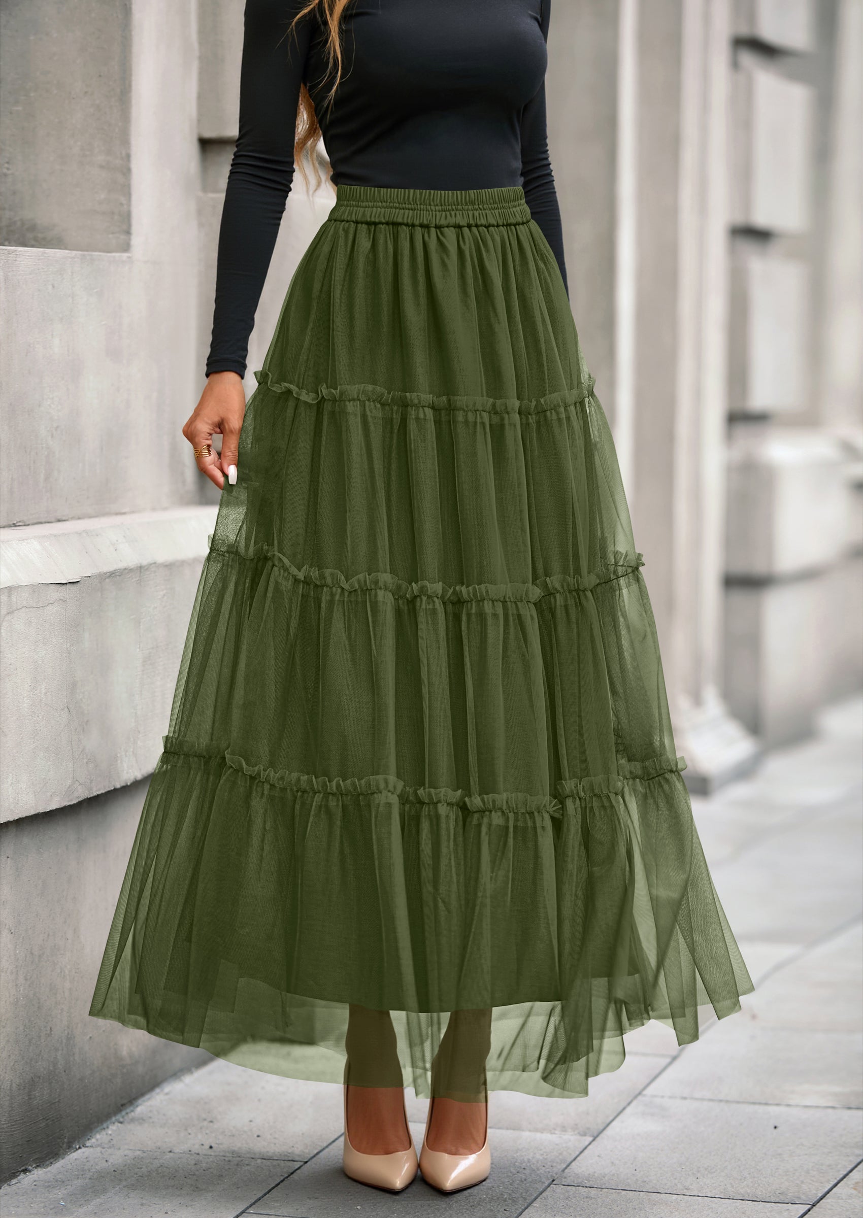 PRETTYGARDEN Maxi Skirts for Women Fall Tulle High Waisted Ruffle Flowy A-Line Long Skirt Country Concert Outfits