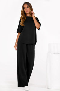 PRETTYGARDEN Women's Summer 2 Piece Lounge Set Short Sleeve Tops Wide Leg Pants Spring Vacation Travel Outfits Clothes PRETTYGARDEN