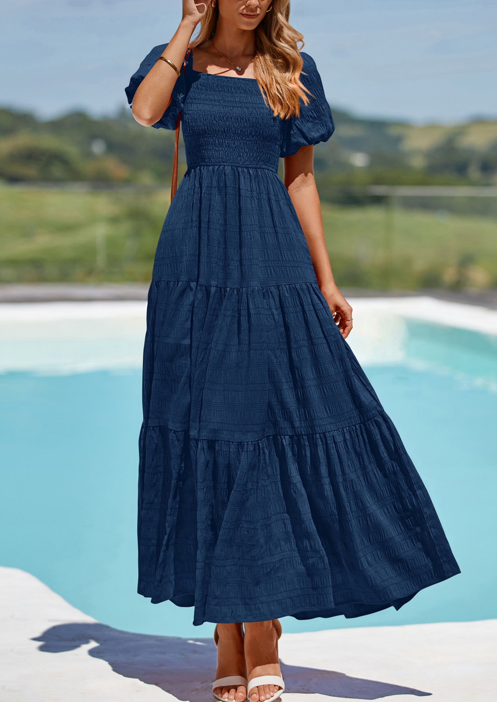 PRETTYGARDEN Womens Summer Puff Short Sleeve Maxi Dress Square Neck Smocked Tiered Ruffle A Line Long Flowy Beach Dresses