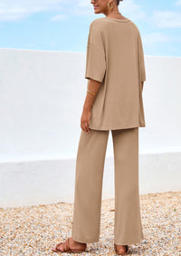 PRETTYGARDEN Women's 2 Piece Outfits Summer Casual V Neck Short Sleeve Tops Wide Leg Pants Matching Lounge Sets