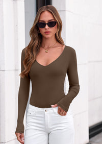 PRETTYGARDEN Bodysuits for Women Fall Long Sleeve Shirts V Neck Slim Fitted Basic Tees Going Out Tops Fashion Clothing
