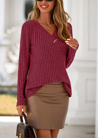 PRETTYGARDEN Women's Long Sleeve Shirts Fall Fashion Clothes Casual Ribbed V Neck Loose Tunic Tops Lightweight Sweaters