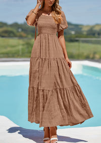 PRETTYGARDEN Womens Summer Puff Short Sleeve Maxi Dress Square Neck Smocked Tiered Ruffle A Line Long Flowy Beach Dresses