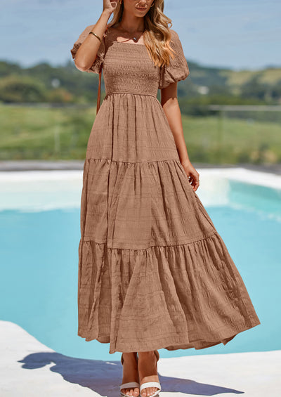 PRETTYGARDEN Womens Summer Puff Short Sleeve Maxi Dress Square Neck Smocked Tiered Ruffle A Line Long Flowy Beach Dresses