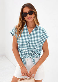PRETTYGARDEN Womens Button Dwon Shirts V Neck Short Cap Sleeve Collared Plaid Tops Summer Spring Casual Blouses Clothes PRETTYGARDEN