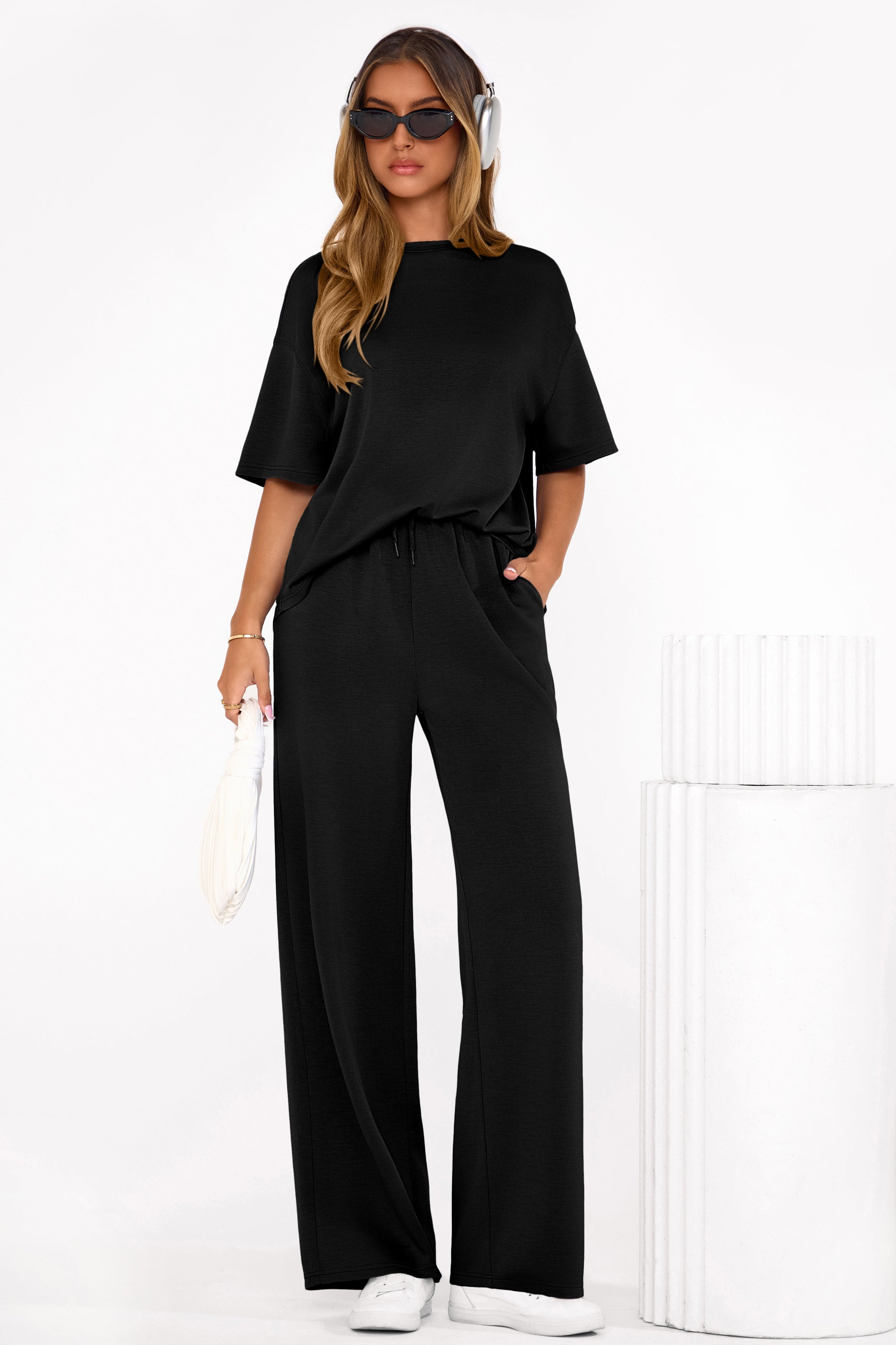 PRETTYGARDEN Women's Summer 2 Piece Lounge Set Short Sleeve Tops Wide Leg Pants Spring Vacation Travel Outfits Clothes PRETTYGARDEN