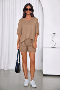 PRETTYGARDEN 2 Piece Sets for Women Summer Lounge Short Set Spring Matching Biker Shorts V Neck Oversized Shirt Clothing PRETTYGARDEN