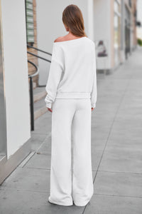 PRETTYGARDEN Womens 2 Piece Casual Matching Lounge Sets  Fashion Off the Shoulder Sweatshirt, Wide Leg Pants with Pockets, Comfy Airport Travel Outfit, 2026 Trendy Fall Set