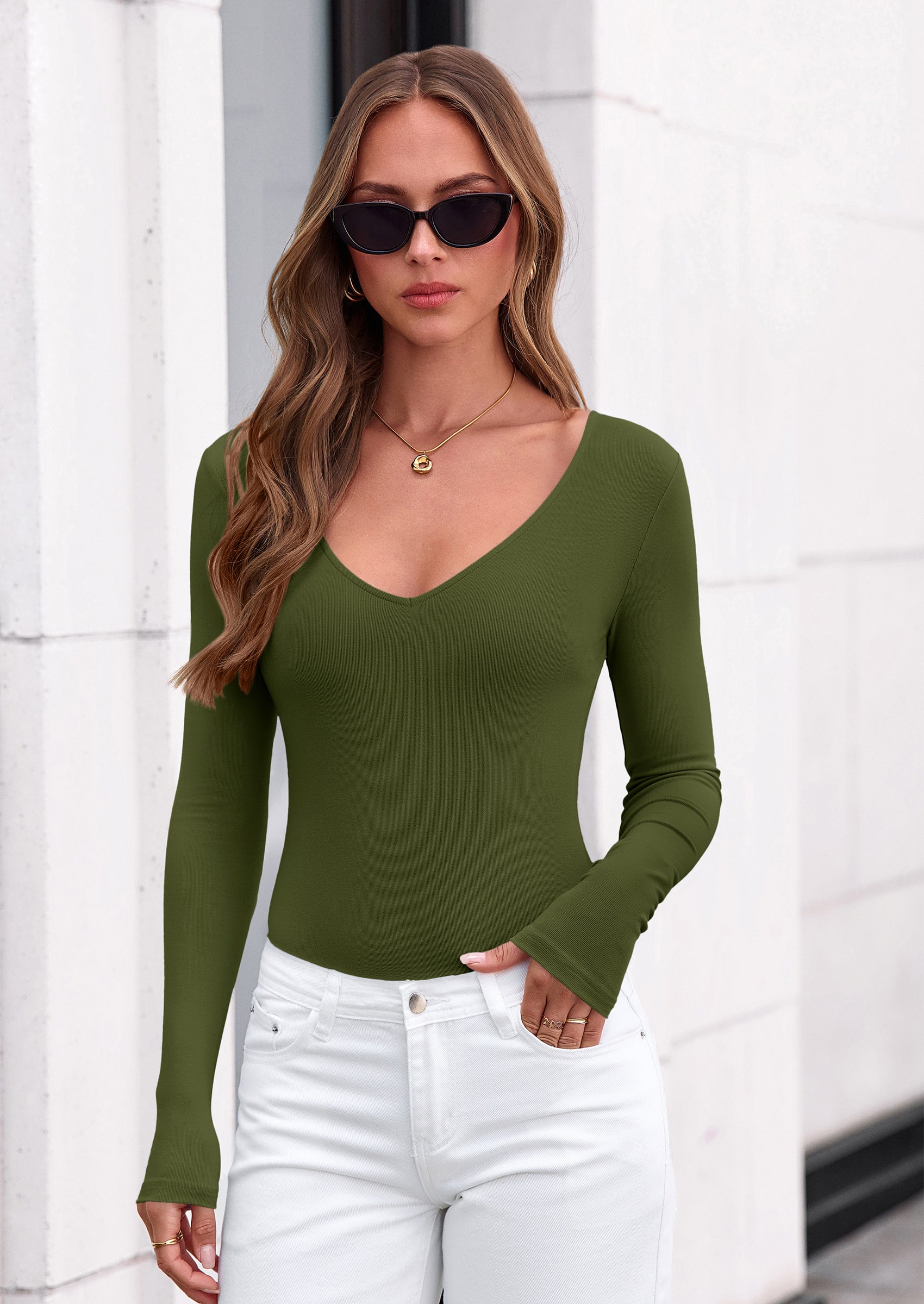 PRETTYGARDEN Bodysuits for Women Fall Long Sleeve Shirts V Neck Slim Fitted Basic Tees Going Out Tops Fashion Clothing