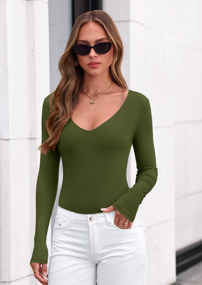 PRETTYGARDEN Bodysuits for Women Fall Long Sleeve Shirts V Neck Slim Fitted Basic Tees Going Out Tops Fashion Clothing