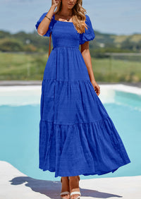PRETTYGARDEN Womens Summer Puff Short Sleeve Maxi Dress Square Neck Smocked Tiered Ruffle A Line Long Flowy Beach Dresses