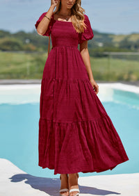 PRETTYGARDEN Womens Summer Puff Short Sleeve Maxi Dress Square Neck Smocked Tiered Ruffle A Line Long Flowy Beach Dresses