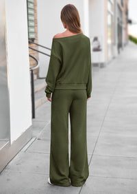 PRETTYGARDEN Womens 2 Piece Casual Matching Lounge Sets  Fashion Off the Shoulder Sweatshirt, Wide Leg Pants with Pockets, Comfy Airport Travel Outfit, 2026 Trendy Fall Set