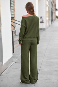 PRETTYGARDEN Womens 2 Piece Casual Matching Lounge Sets  Fashion Off the Shoulder Sweatshirt, Wide Leg Pants with Pockets, Comfy Airport Travel Outfit, 2026 Trendy Fall Set