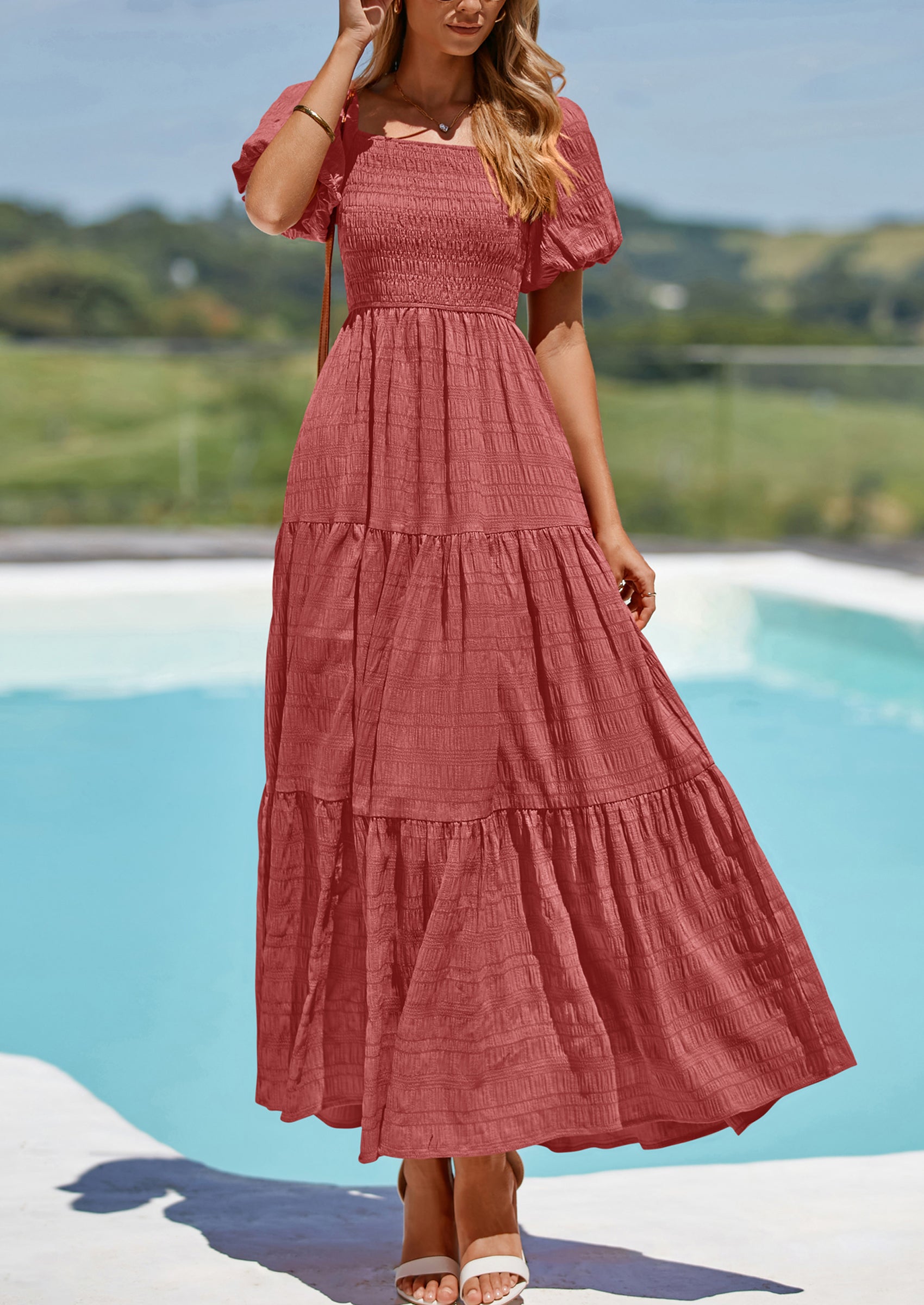 PRETTYGARDEN Womens Summer Puff Short Sleeve Maxi Dress Square Neck Smocked Tiered Ruffle A Line Long Flowy Beach Dresses