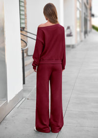 PRETTYGARDEN Womens 2 Piece Casual Matching Lounge Sets  Fashion Off the Shoulder Sweatshirt, Wide Leg Pants with Pockets, Comfy Airport Travel Outfit, 2026 Trendy Fall Set