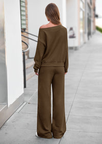 PRETTYGARDEN Womens 2 Piece Casual Matching Lounge Sets  Fashion Off the Shoulder Sweatshirt, Wide Leg Pants with Pockets, Comfy Airport Travel Outfit, 2026 Trendy Fall Set